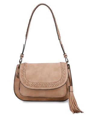 Woven Flap Shoulder Bag in Tan with Tassel